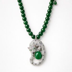 Green Jade Beaded Necklace Panther Pendant CZ Pavé Statement Luxury Style